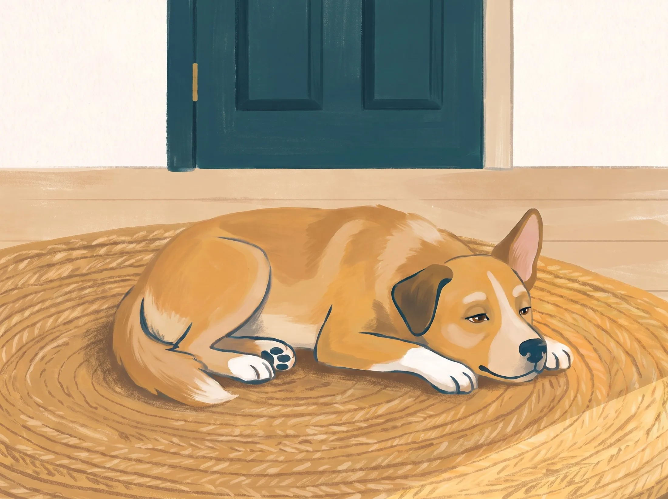 Painted illustration of a calm dog lying on a rug, soft ears, relaxed body