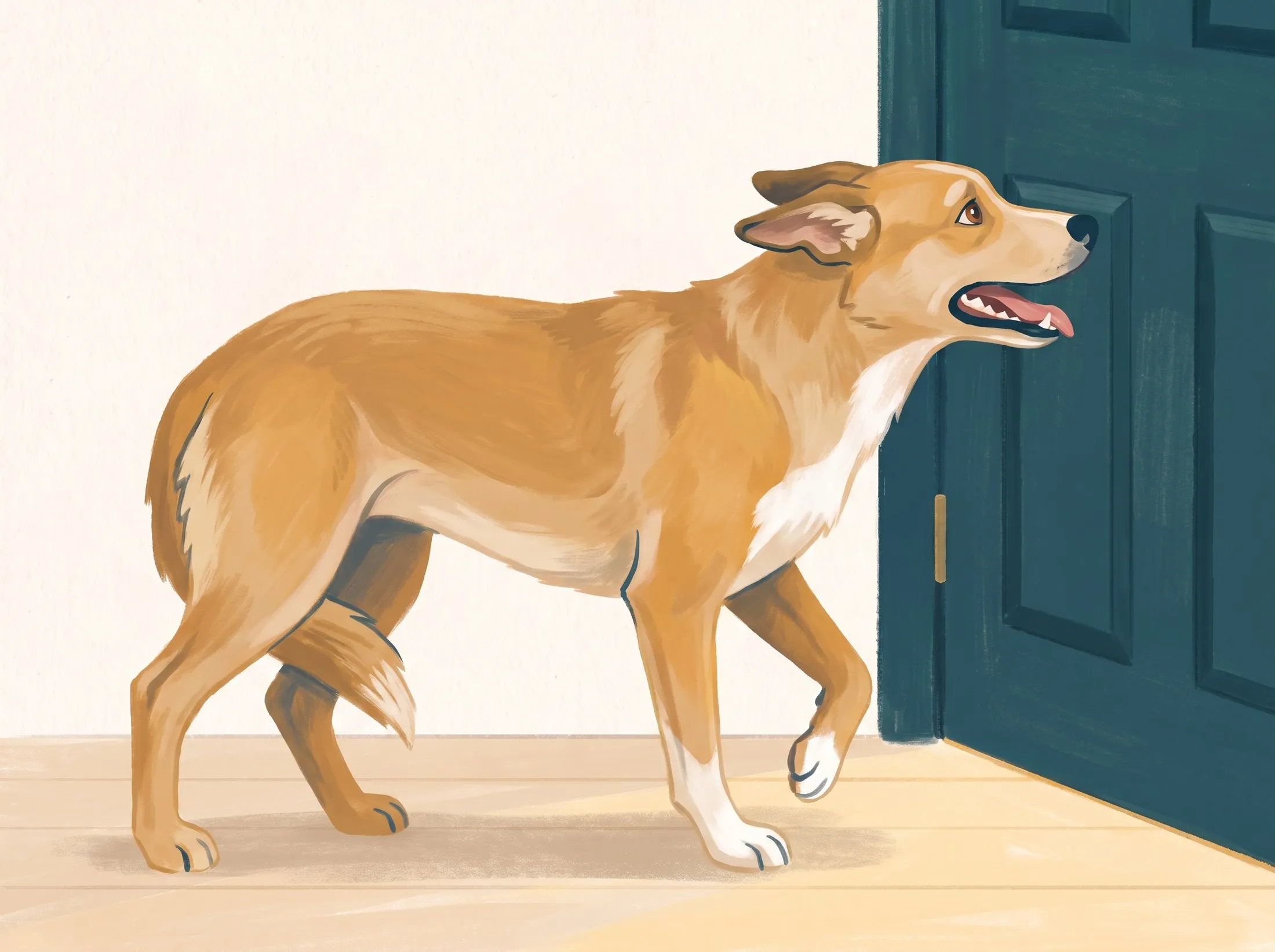 Painted illustration of a worried dog at the door, ears back, mid-step
