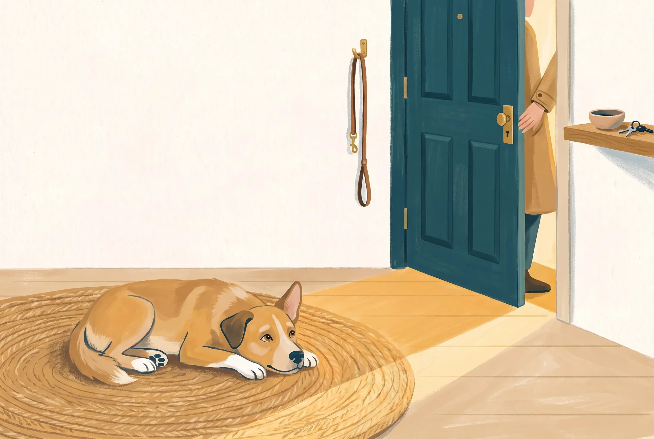 Painted illustration: a dog resting on a rug near the front door while a phone films it