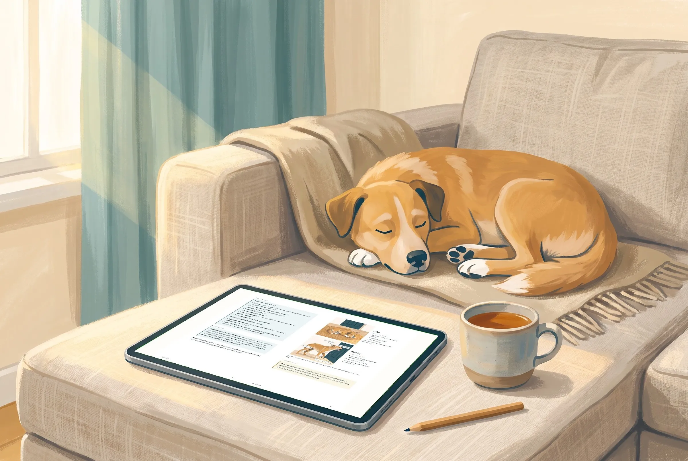 The Guide open on a tablet on the sofa, a dog asleep beside it
