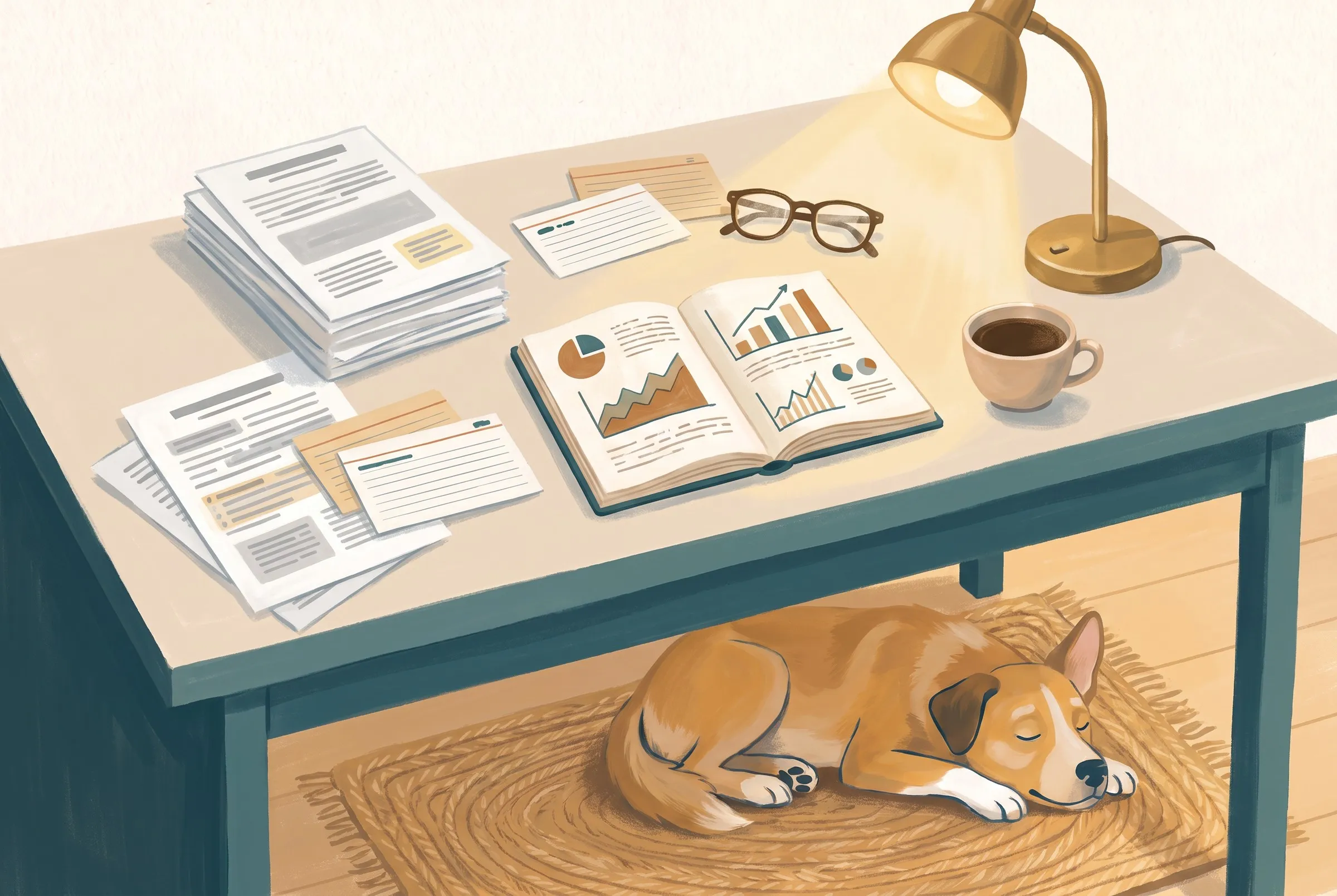 Painted illustration: a research desk stacked with papers, a dog asleep underneath